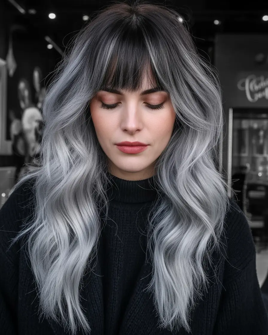 September hair color Velvety Smoke with a Bang