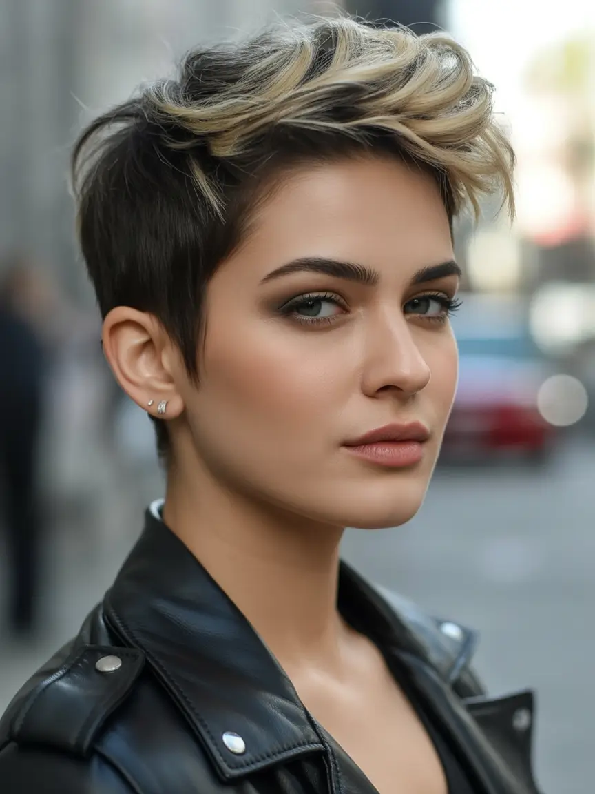 September hair color Espresso Pixie with Blonde Swirl