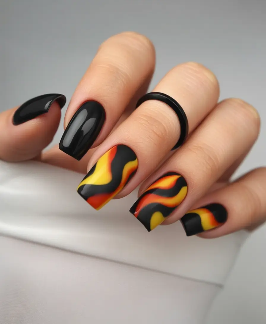 September nails design Molten Flames & Glossed Black