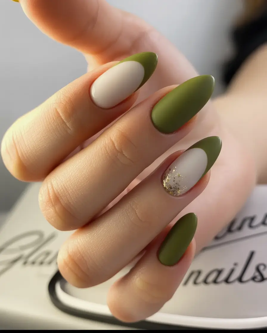 September nails design Olive Modern French with Gold Sparkle
