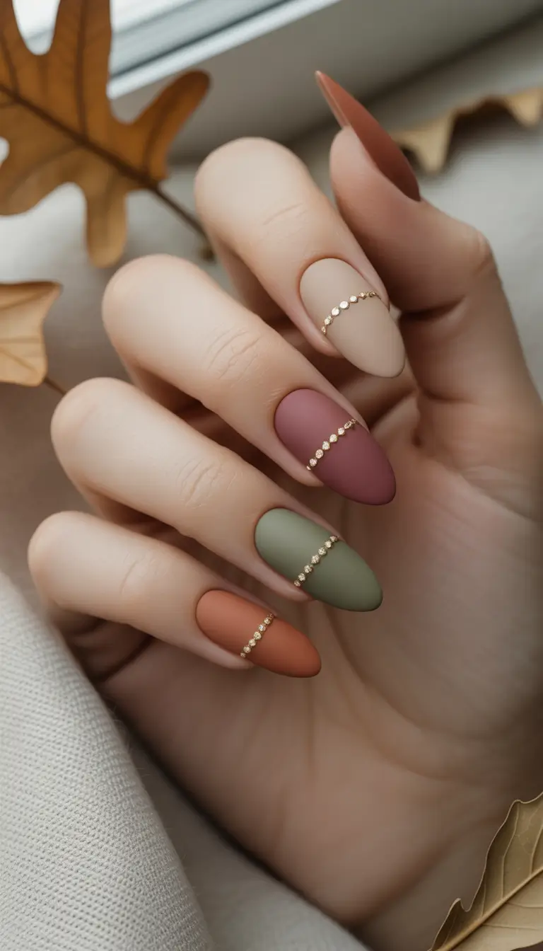 September nails design Matte Autumn Medley with Gold Bands