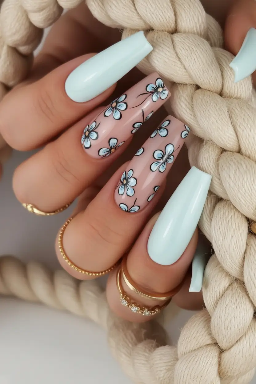 September nails design Frosted Petals & Baby Blue