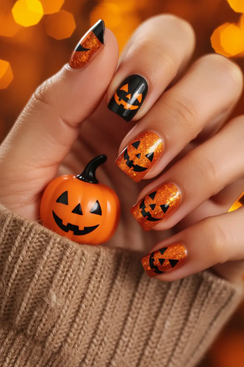 September nails design Glitter Pumpkins & Jack-o'-Chic