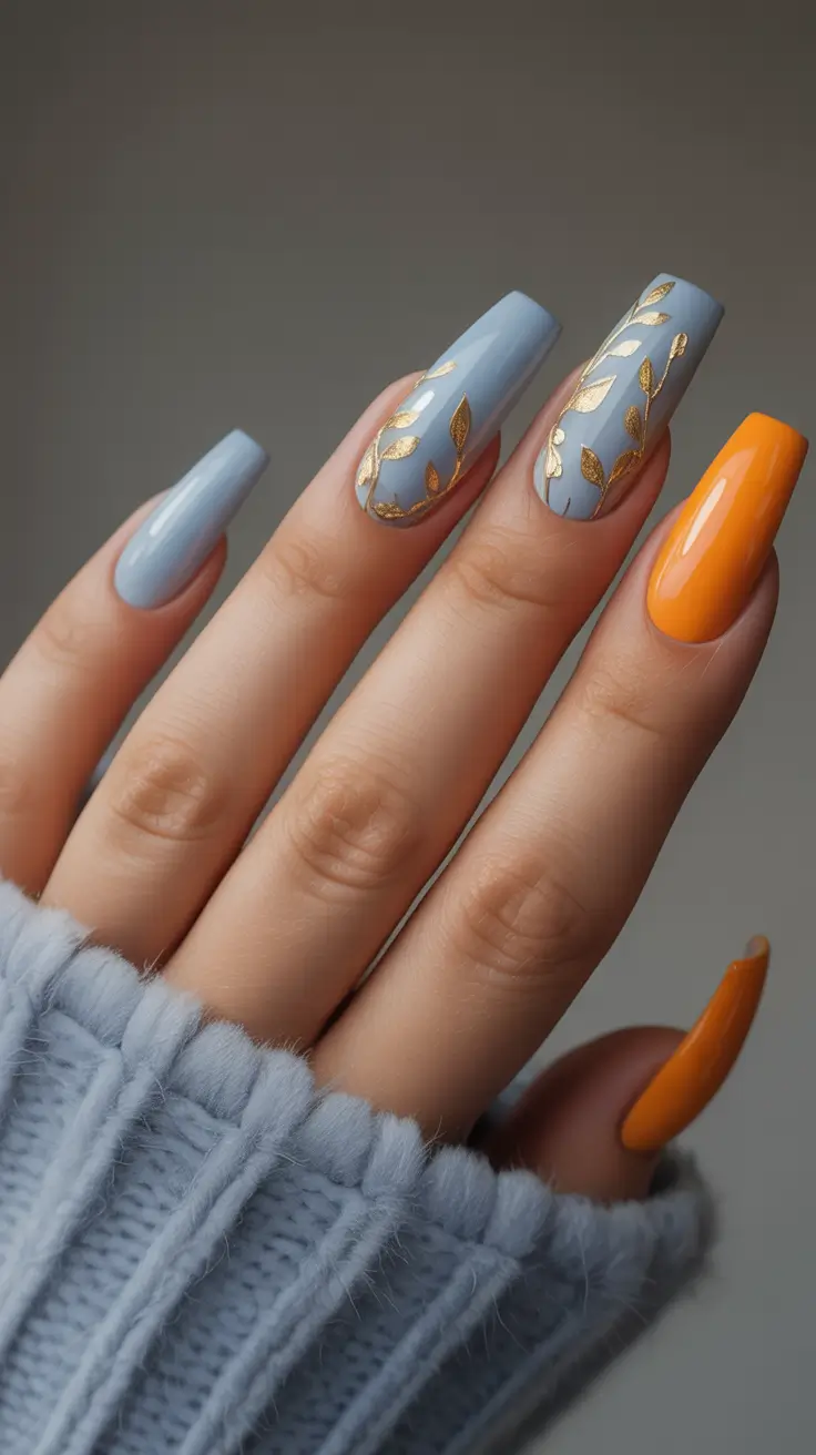 September nails design Golden Leaves and Smoky Sky