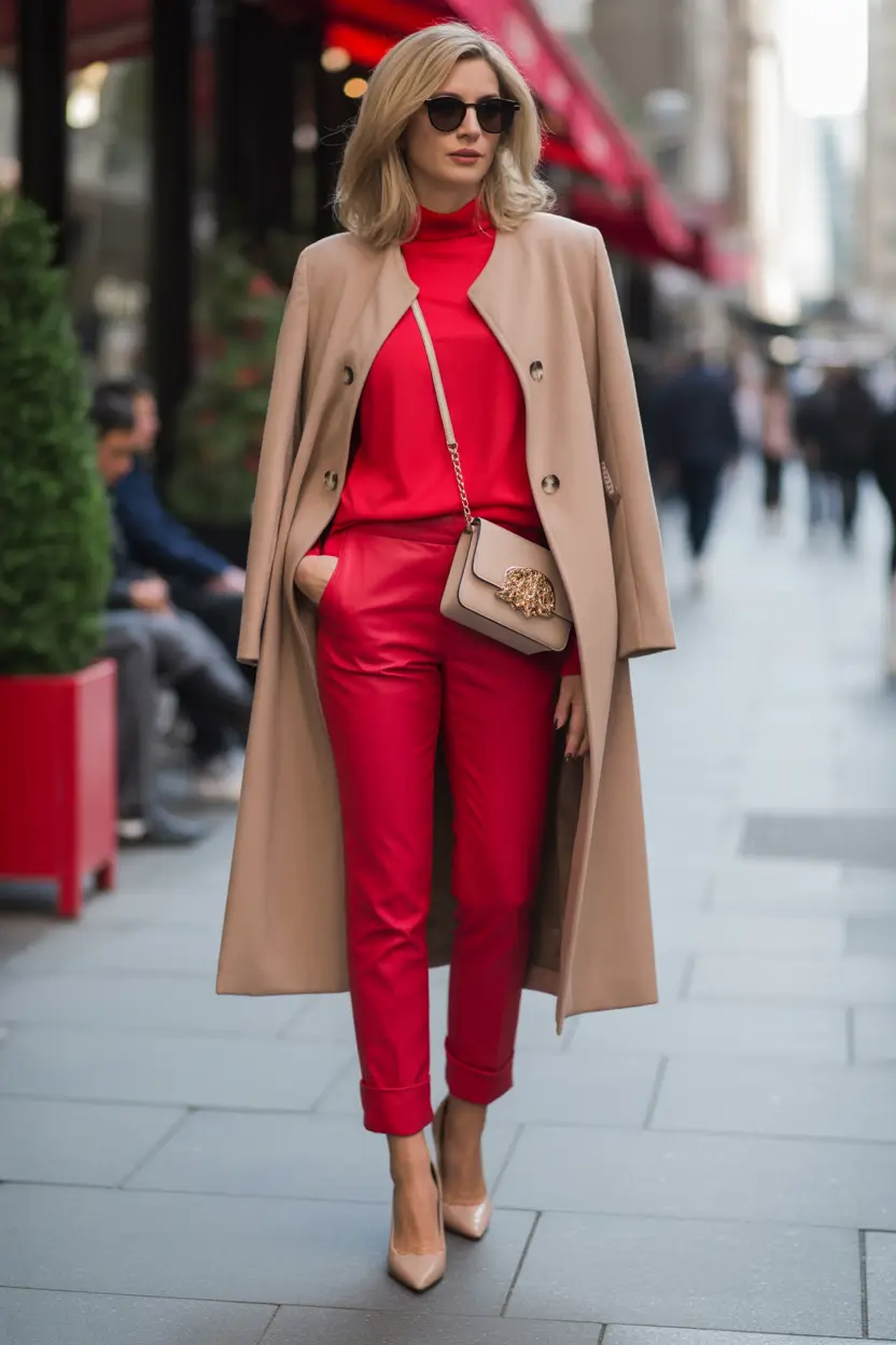 fall outfits for women over 40 Power Red with Camel for the Win