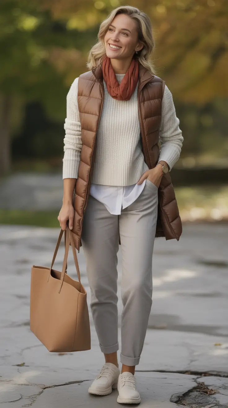 fall outfits for women over 40 Layered Neutrals with a Puffer Twist