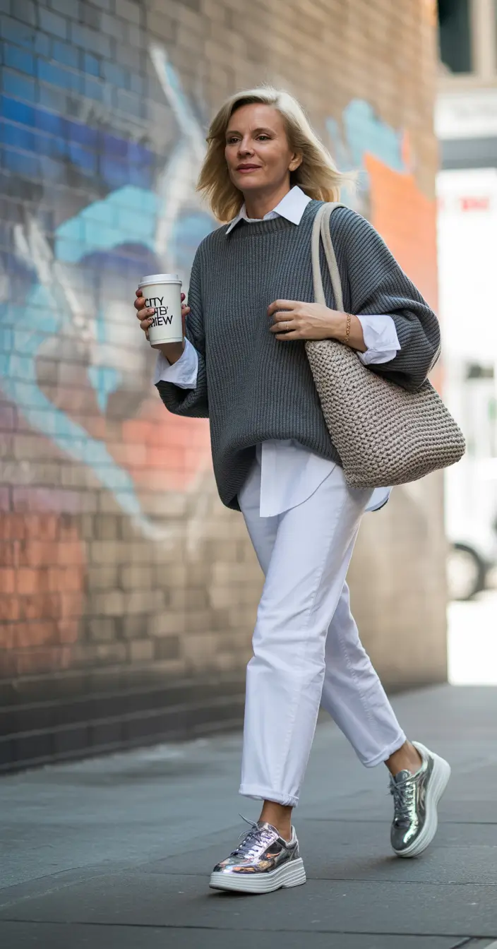 fall outfits for women over 40 Grey Knit & Metallics: The Bold Casual