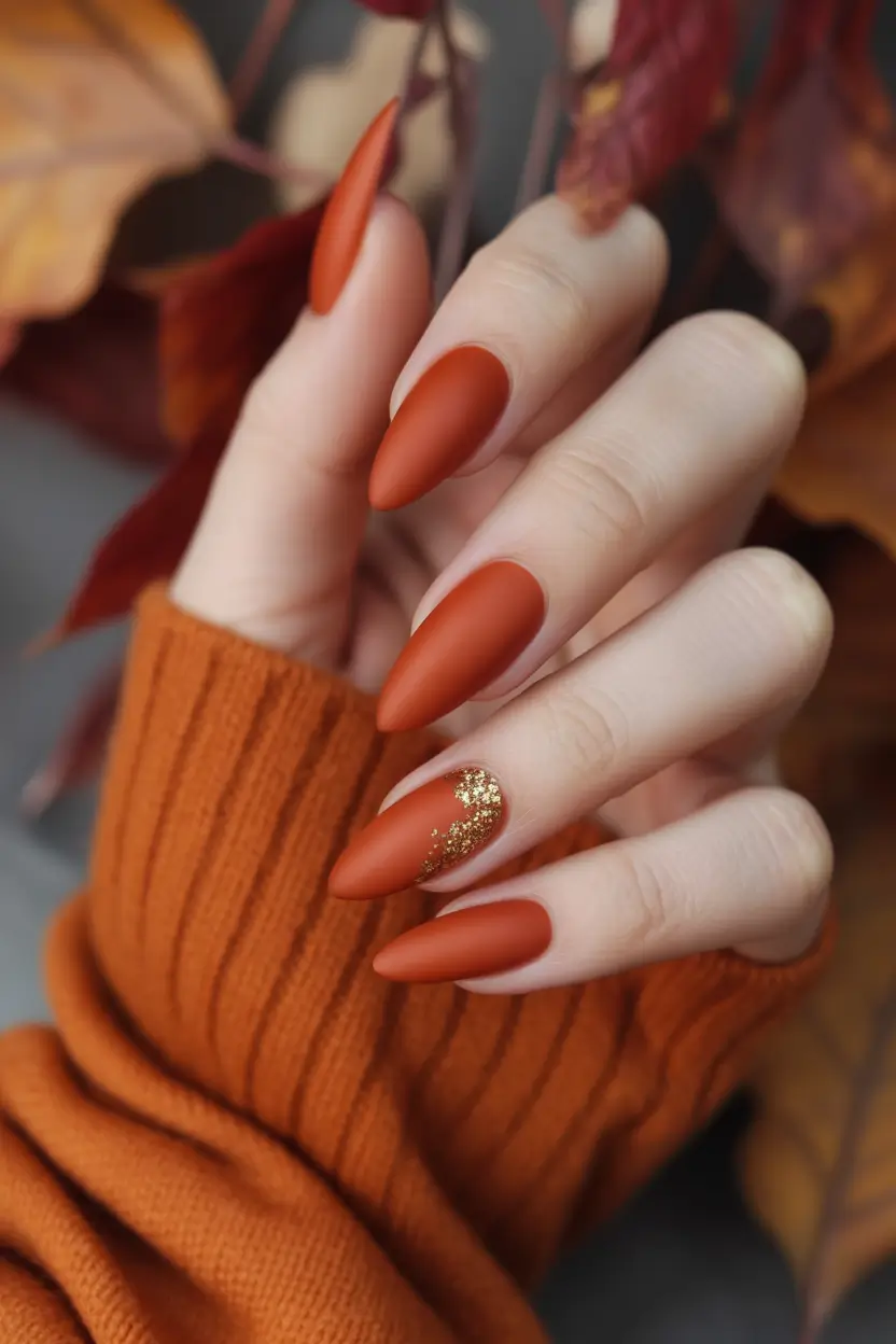 autumn nails color Burnt Pumpkin Matte with Gold Dust