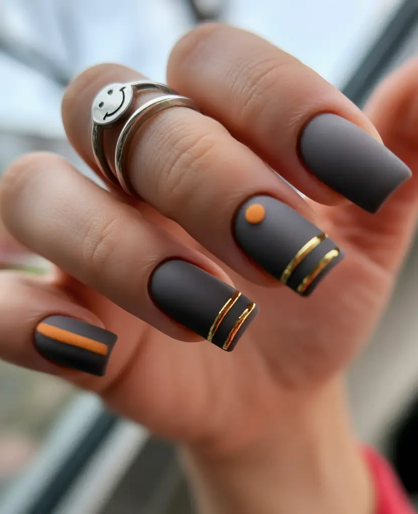 autumn nails color Modern Charcoal with Citrus Accents