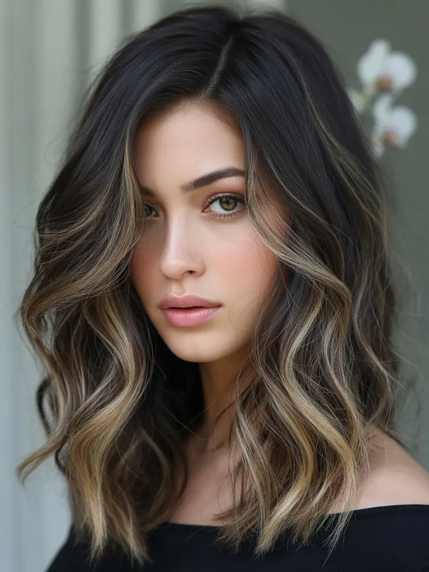 Fall brunette hair color Soft Glam Waves with Smoky Hazel Streaks