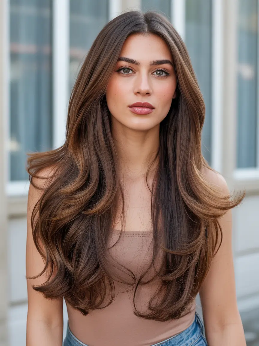 Fall brunette hair color Neutral Brunette Blowout with Airy Layers