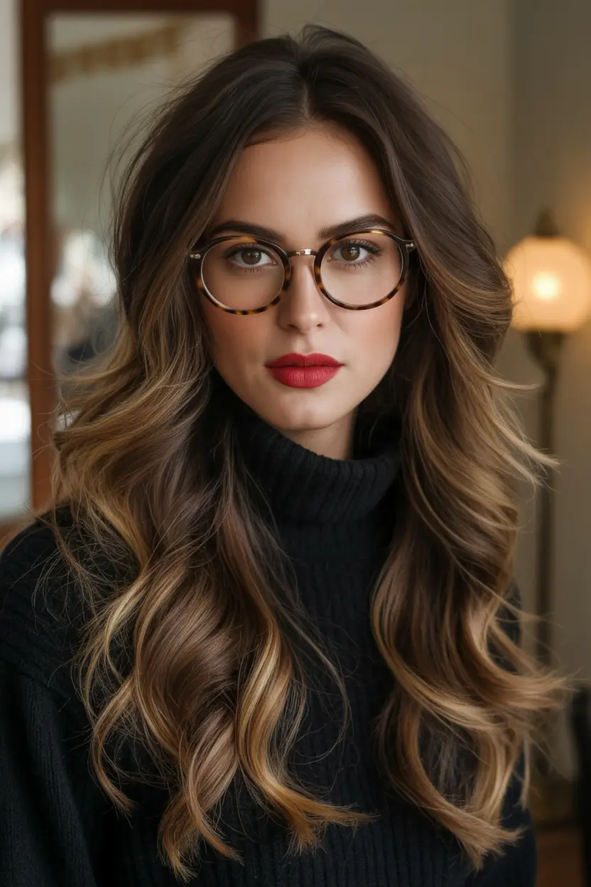 Fall brunette hair color Classic Walnut Waves with Glossy Finish