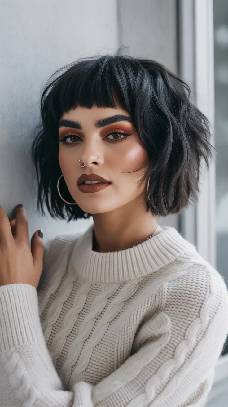 Fall brunette hair color Jet Black Textured Bob with Micro Bangs