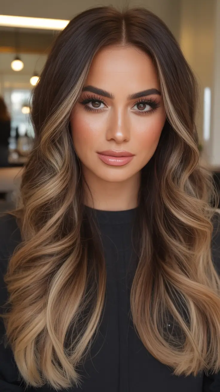 Fall brunette hair color Mocha Latte Balayage with Bold Money Piece