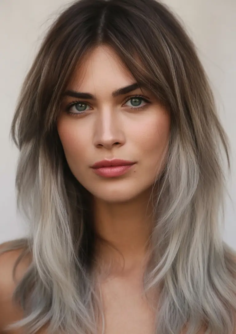 Fall brunette hair color Smoky Mushroom Melt with Soft Layers