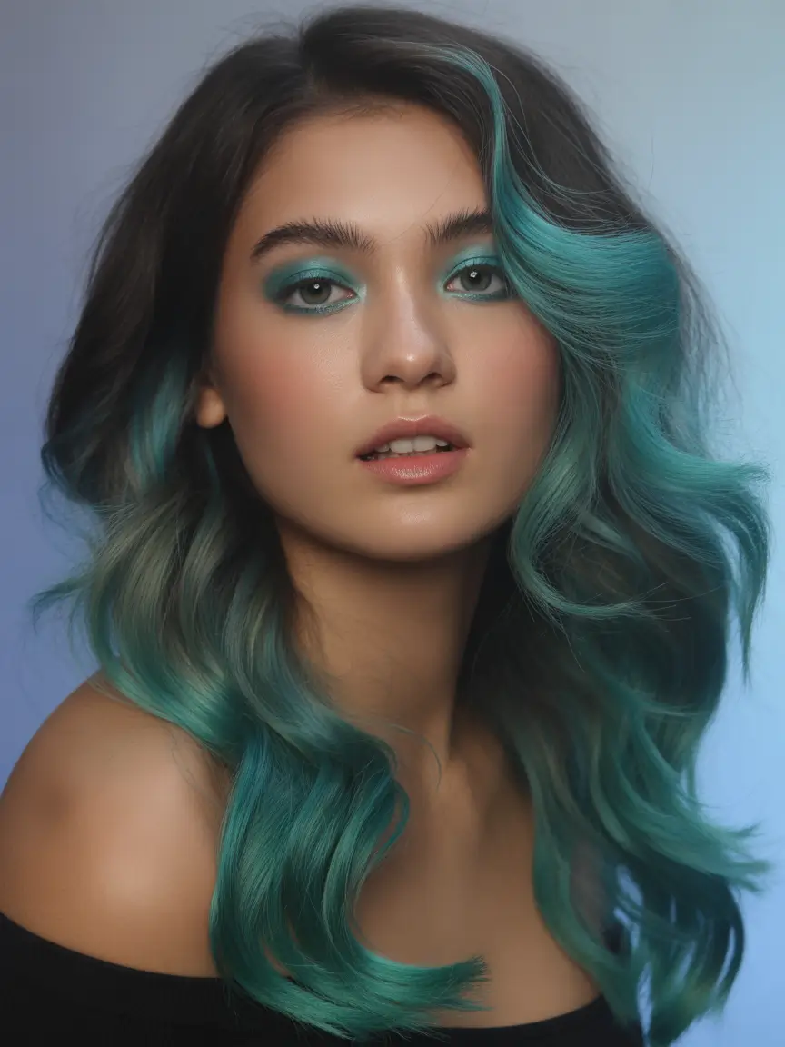 Fall brunette hair color Jade Teal Melt on a Deep Brunette Base