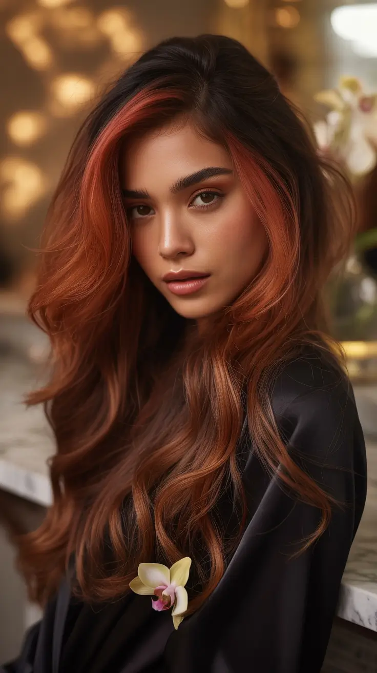 Fall brunette hair color Autumn Flame Balayage with Rosewood Undertones