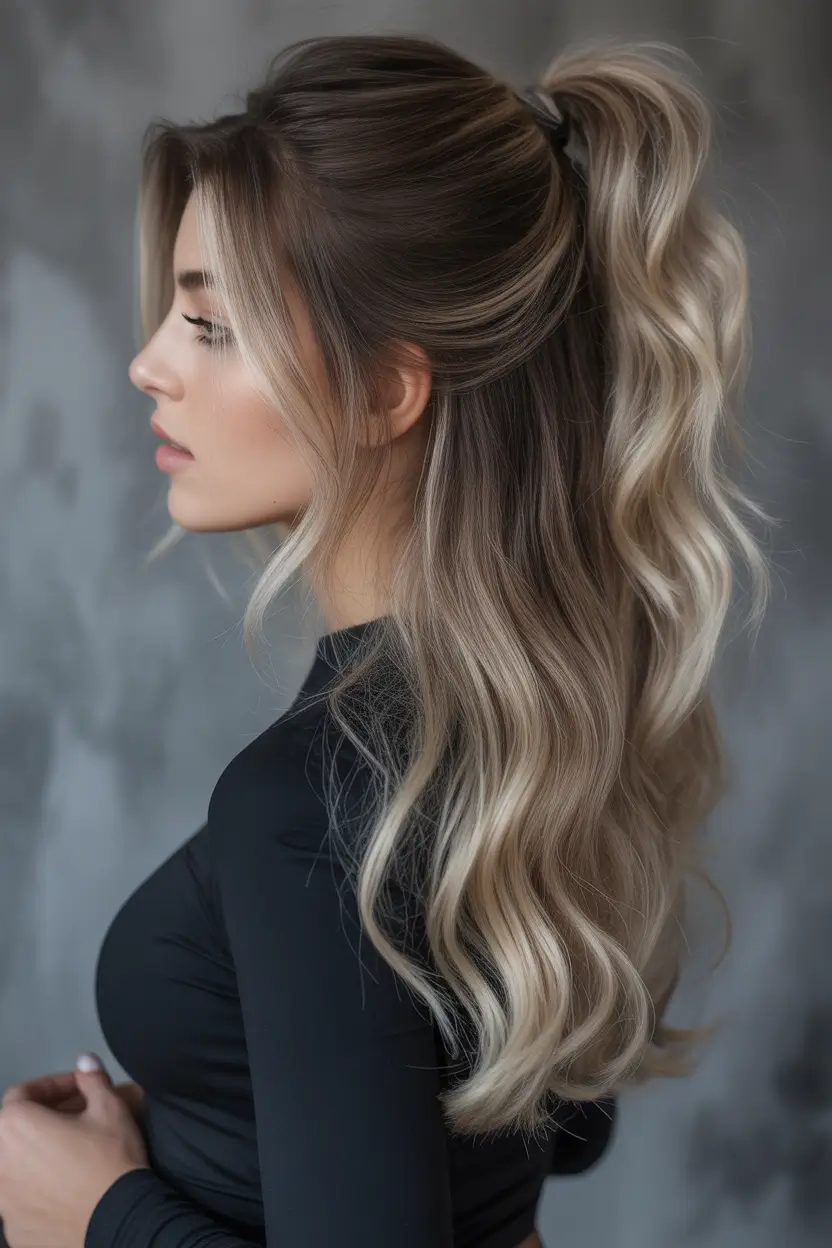 Fall brunette hair color Blended Blonde Balayage in a High Ponytail