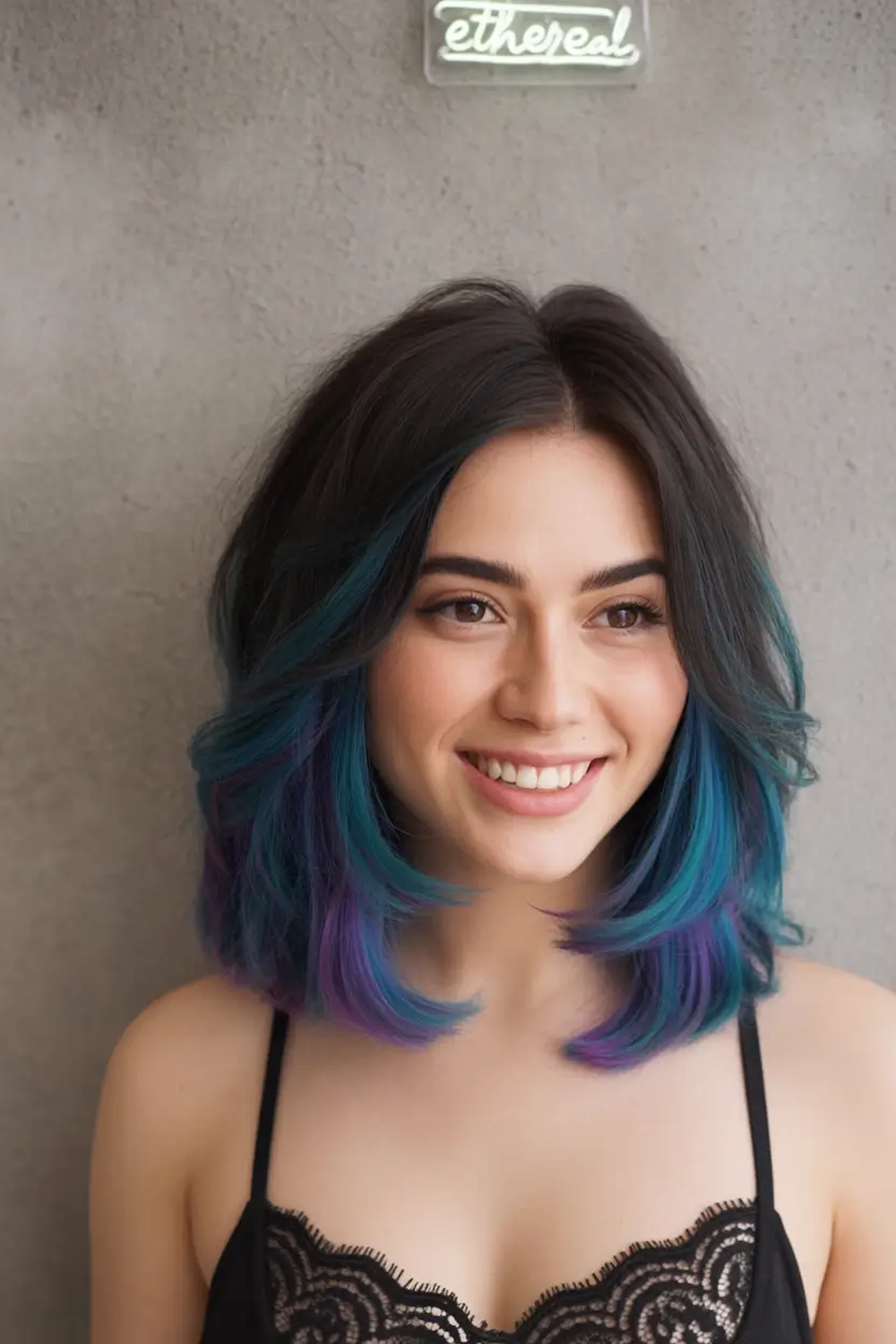 Fall brunette hair color Indigo & Violet Dip Ends with a Smoky Root