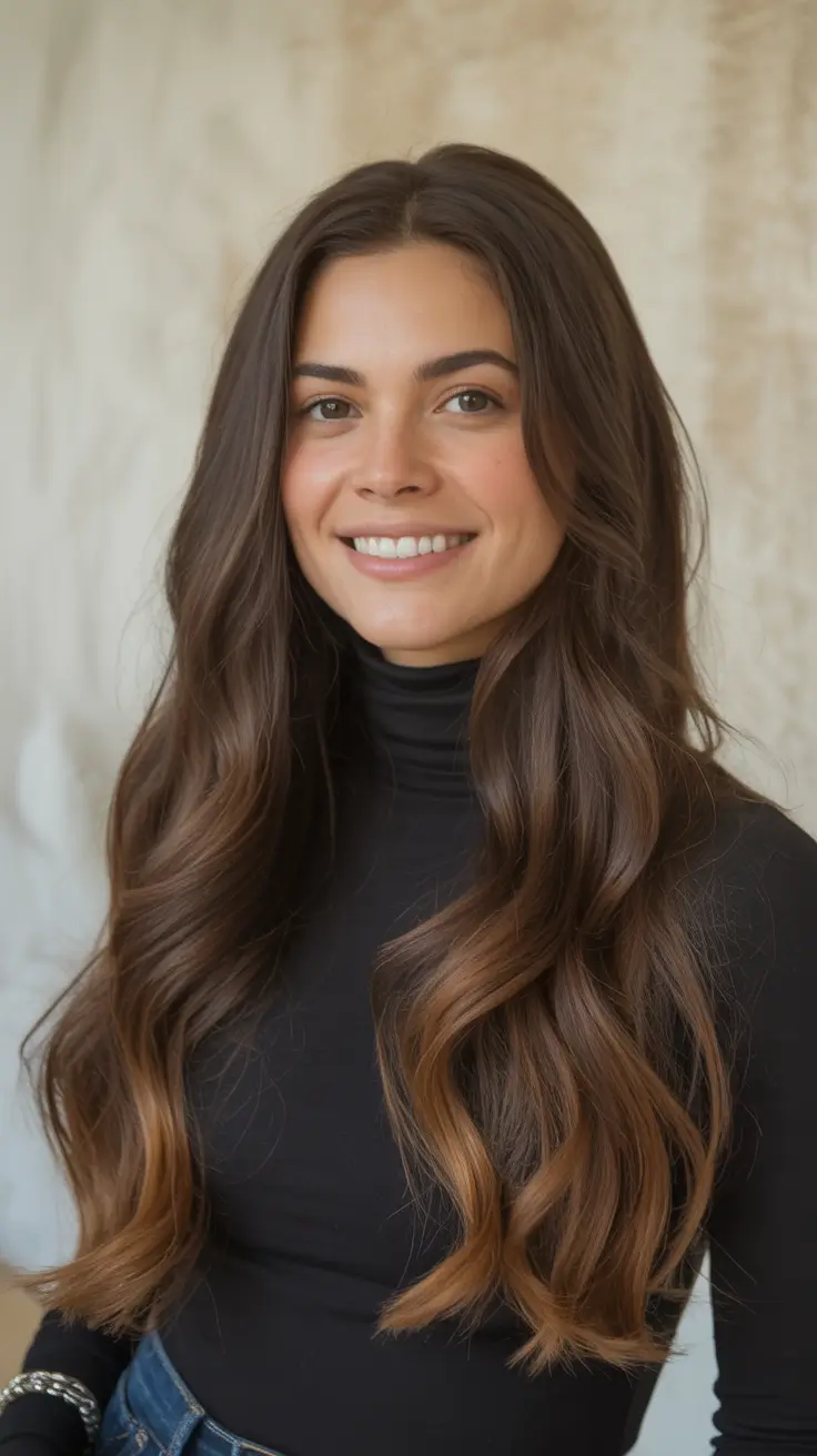 Fall brunette hair color Waves with Soft Cocoa Dimensions