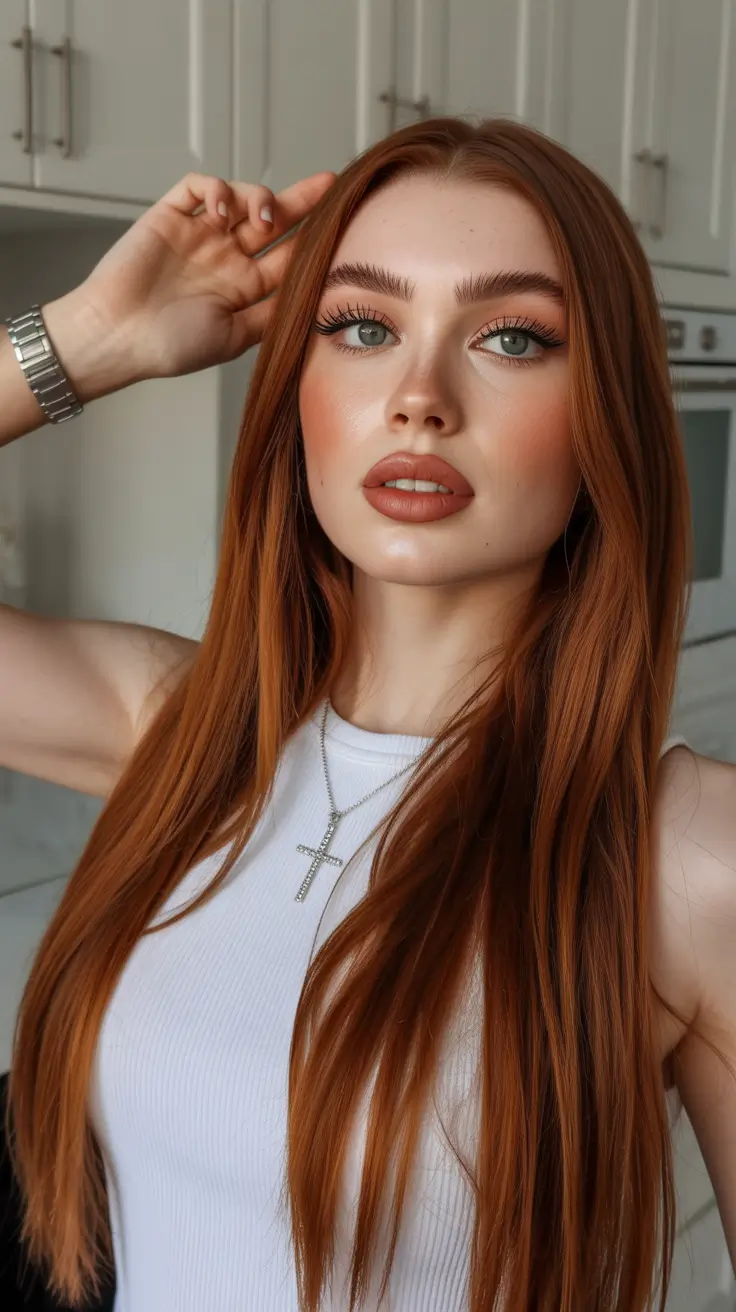 Fall brunette hair color Sleek Redwood Brunette with Face-Framing Drama