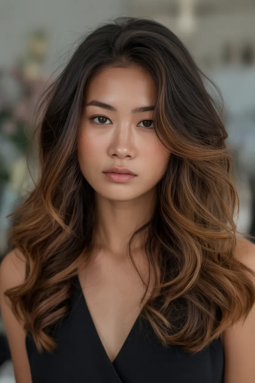 Fall brunette hair color Toasted Cinnamon Waves with Face Glow