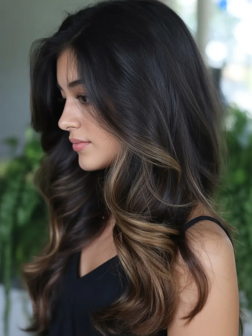 Fall brunette hair color Dark Brunette with Walnut Ribbons