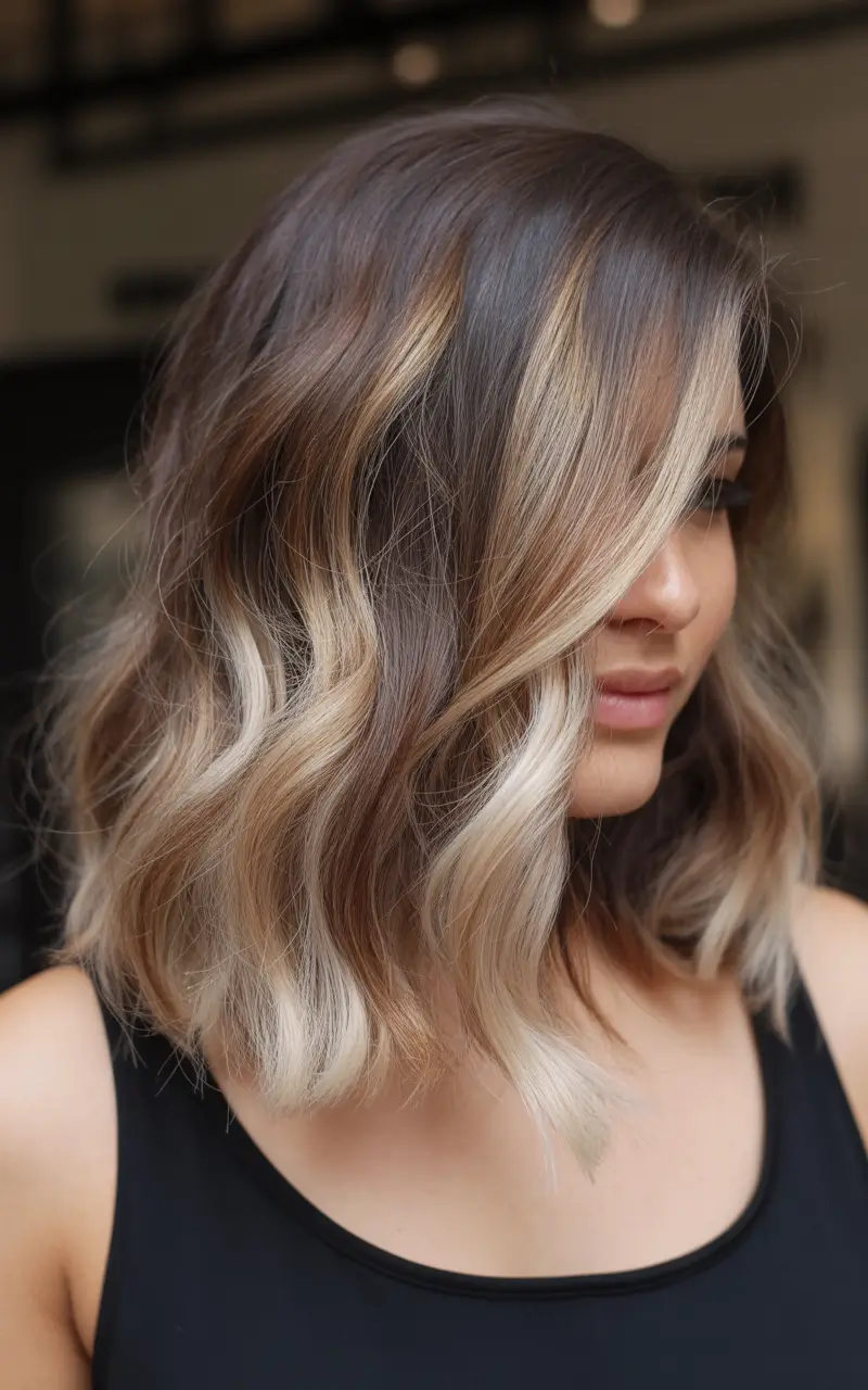 Fall brunette hair color Buttered Ash Melt on a Textured Bob