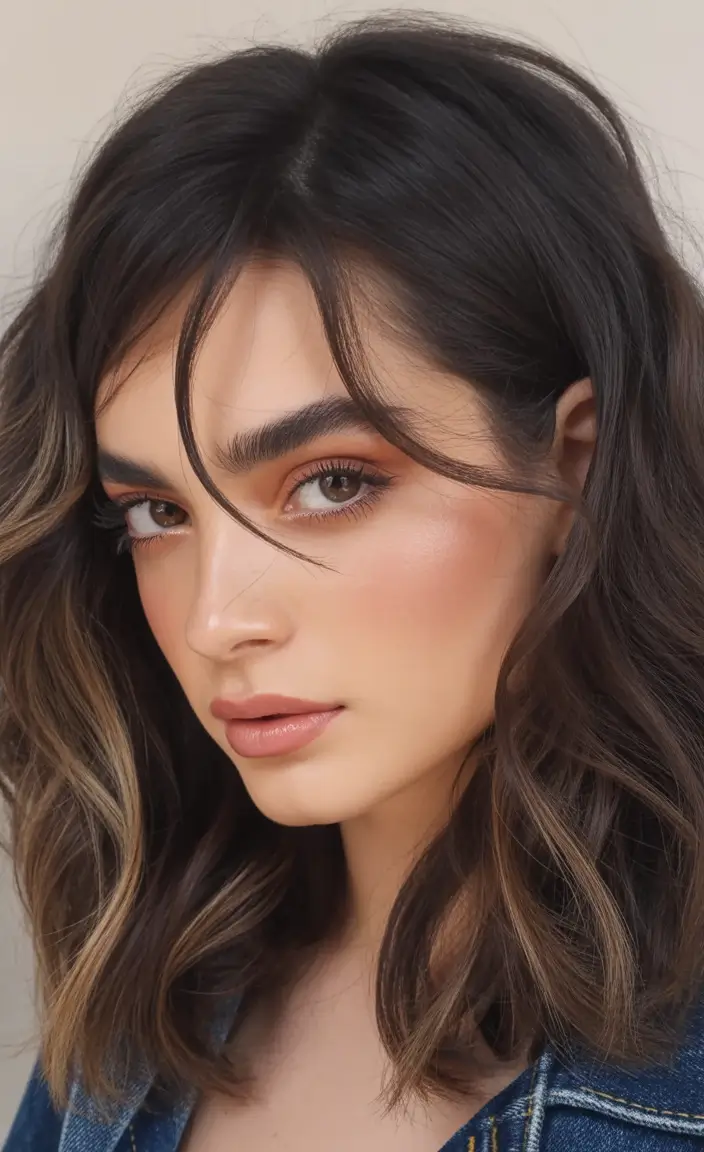 Fall brunette hair color Choppy Shoulder Waves with Espresso and Taupe