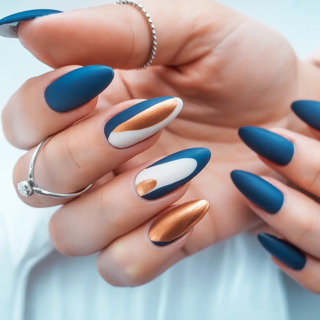 fall nails art Blue Meets Bronze: Matte Geometry With a Twist