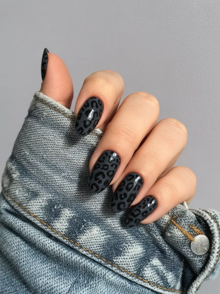 fall nails art Midnight Leopard: Monochrome Mood Meets Wild Edge