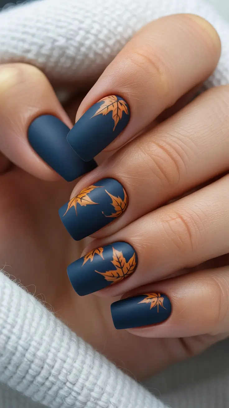 fall nails art Indigo Maple Moment: Soft Matte Meets Fall Classic
