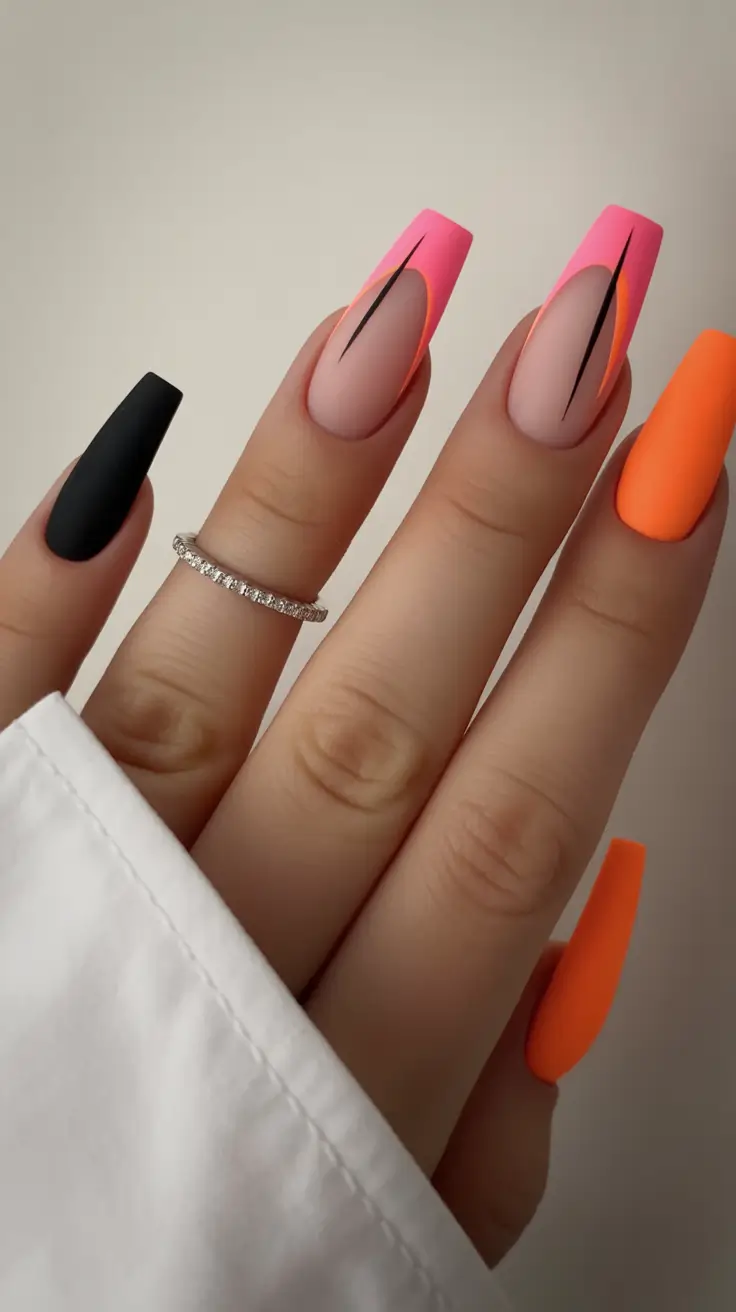 fall nails art Neon Noir: Abstract Lines & Retro Pop