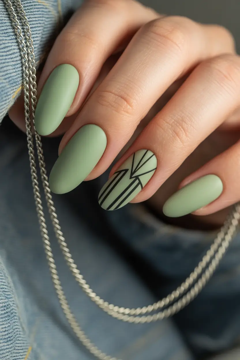 fall nails art Muted Matcha Geometry: Soft Green Graphic Vibe