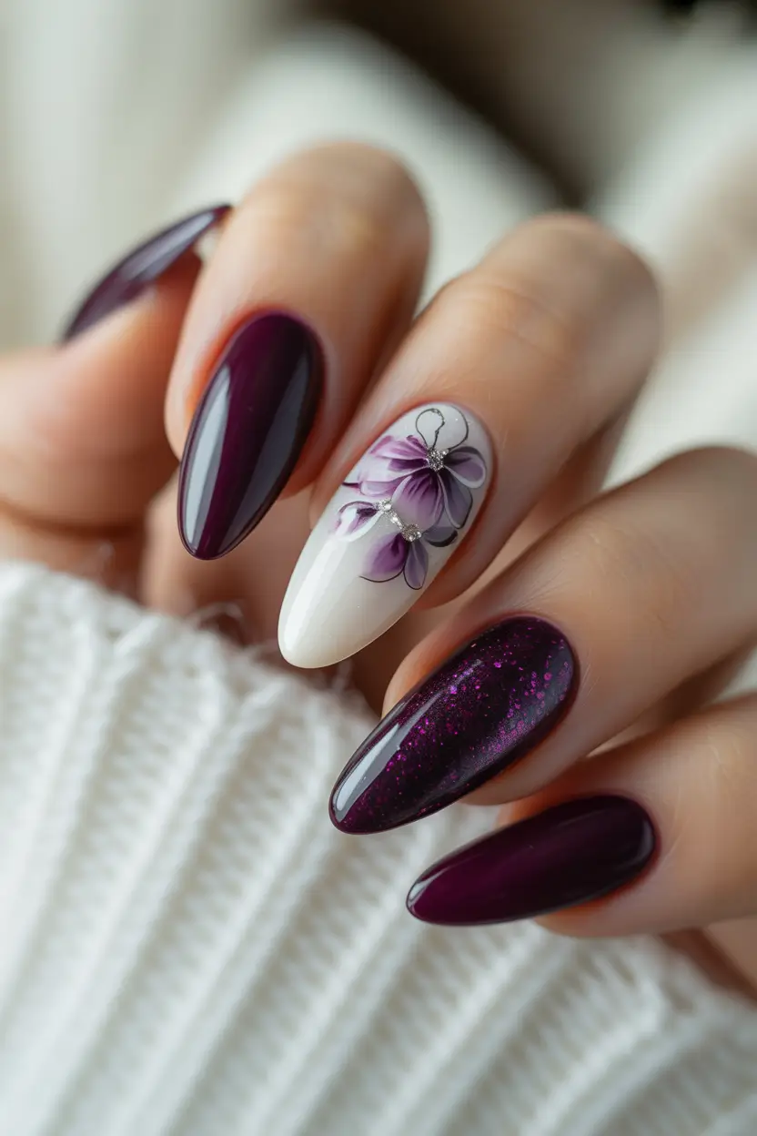 fall nails art Burgundy Bloom: Glossy Depth with Floral Detail