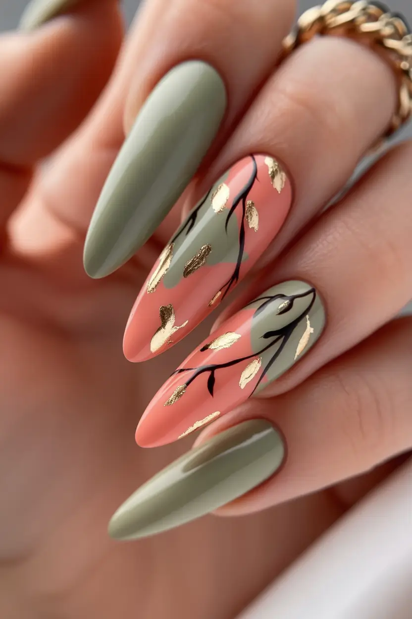 fall nails art Golden Branches: Botanical Warmth with Luxe Touch