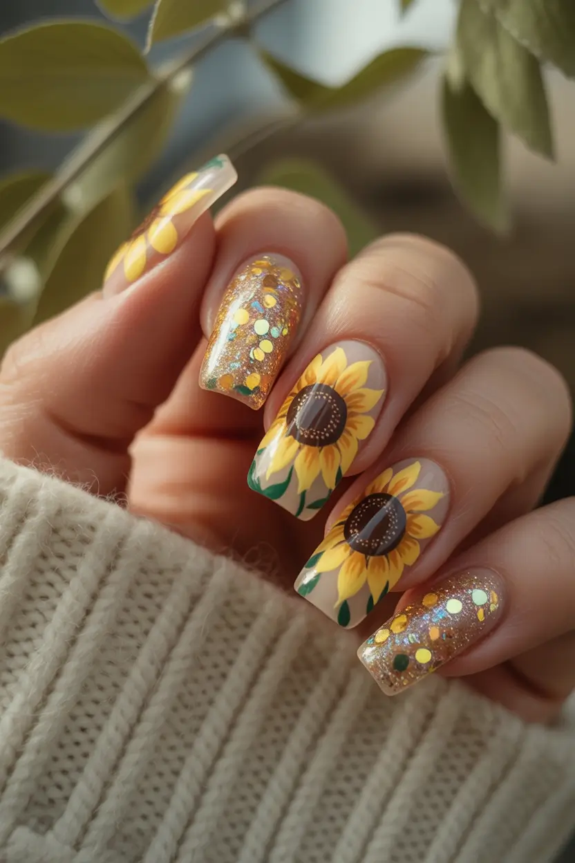 fall nails art Sunflower Sparkle: Warm Florals with Glitter Pop