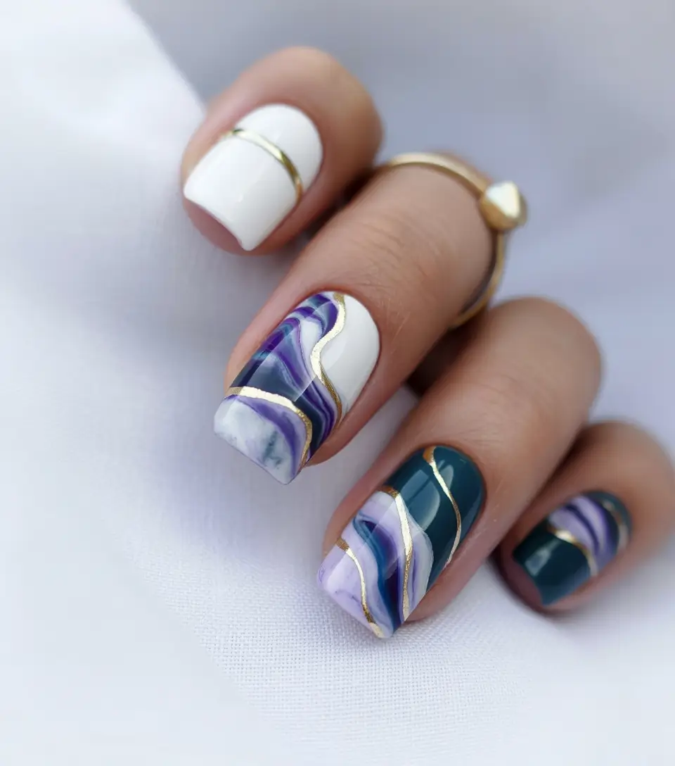 fall nails art Amethyst Marble: Gloss Meets Royal Elegance