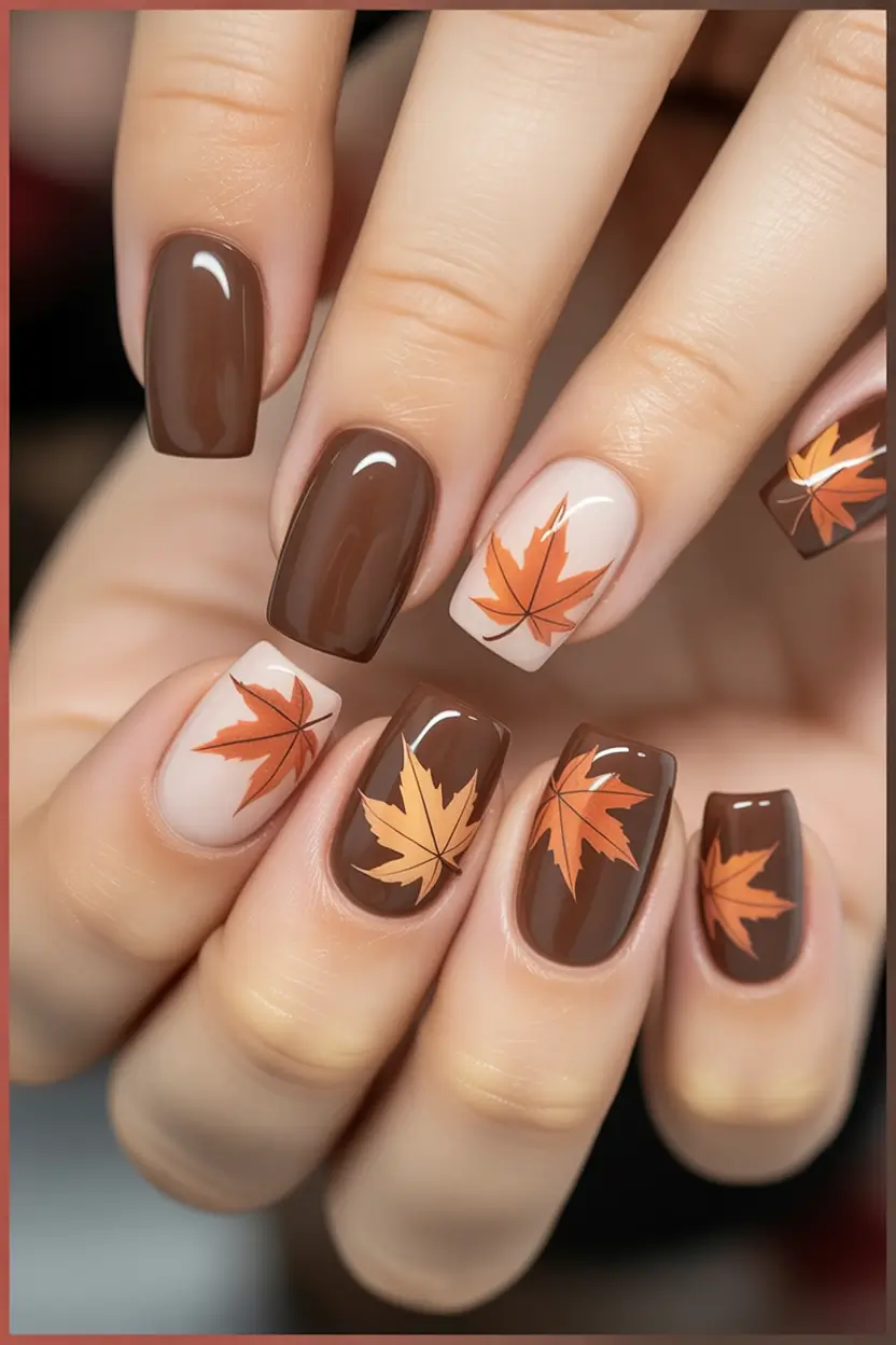 fall nails art Choco-Maple Mood: Cozy Leaf Art With a Glossy Finish