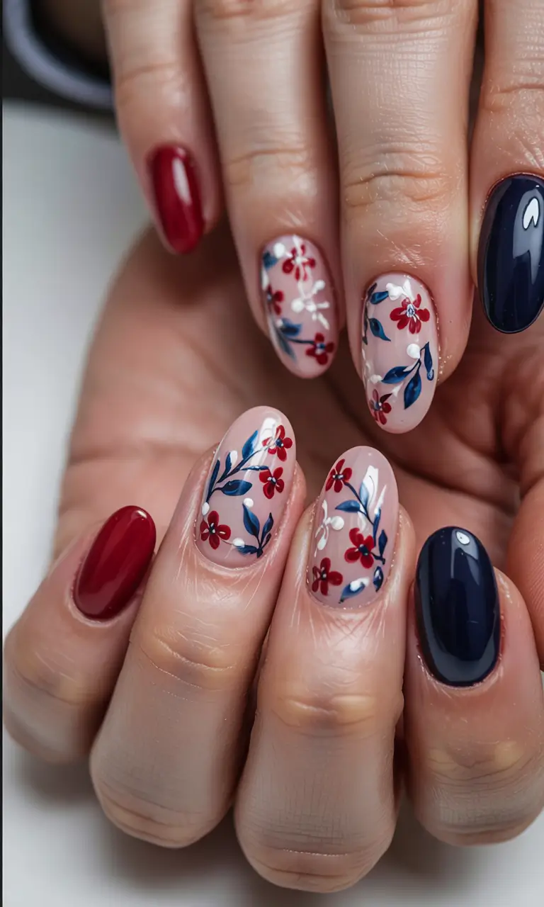 fall nails art Floral Storybook: Navy & Red Botanical Whimsy