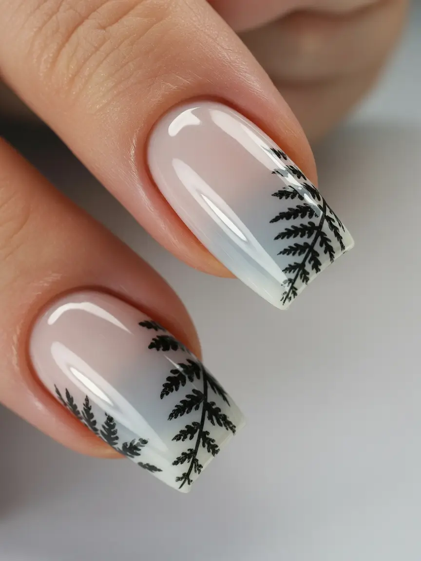 fall nails art Frosty Fern Fade: Black Botanical on Soft Gradient