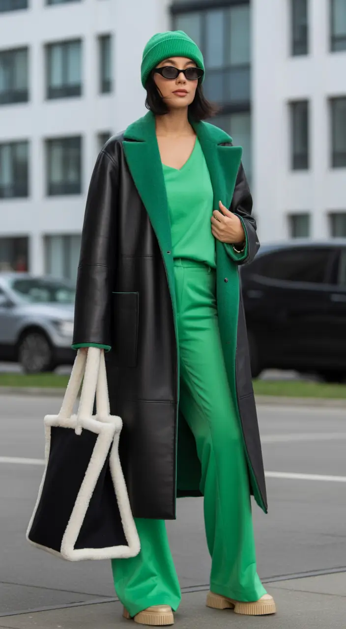 warm fall outfits Layered Leather Meets Bold Green