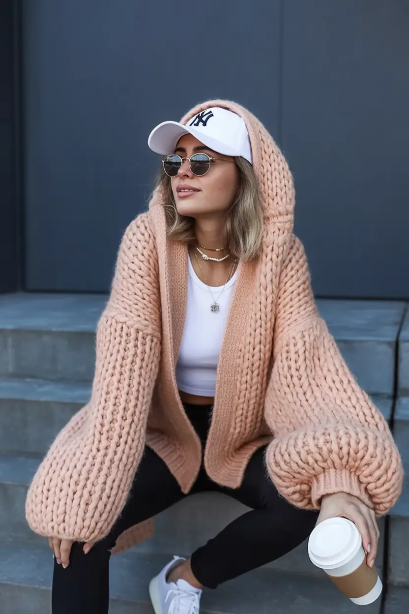 warm fall outfits Chunky Peach Knits & Sporty Cool