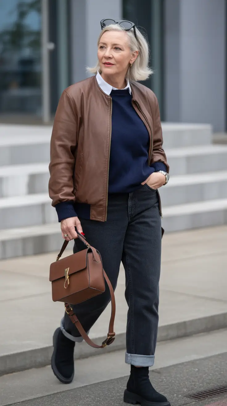 warm fall outfits Classic Leather, Denim & Navy Sophistication