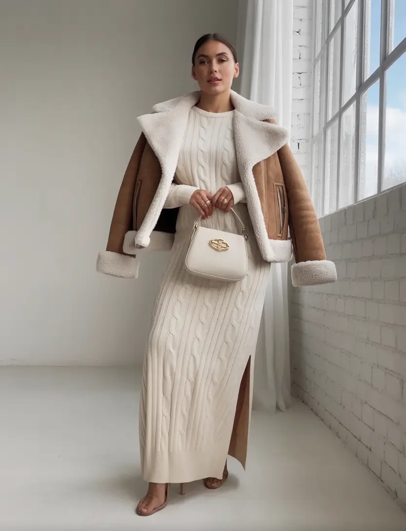 warm fall outfits Shearling & Cable-Knit Sophistication