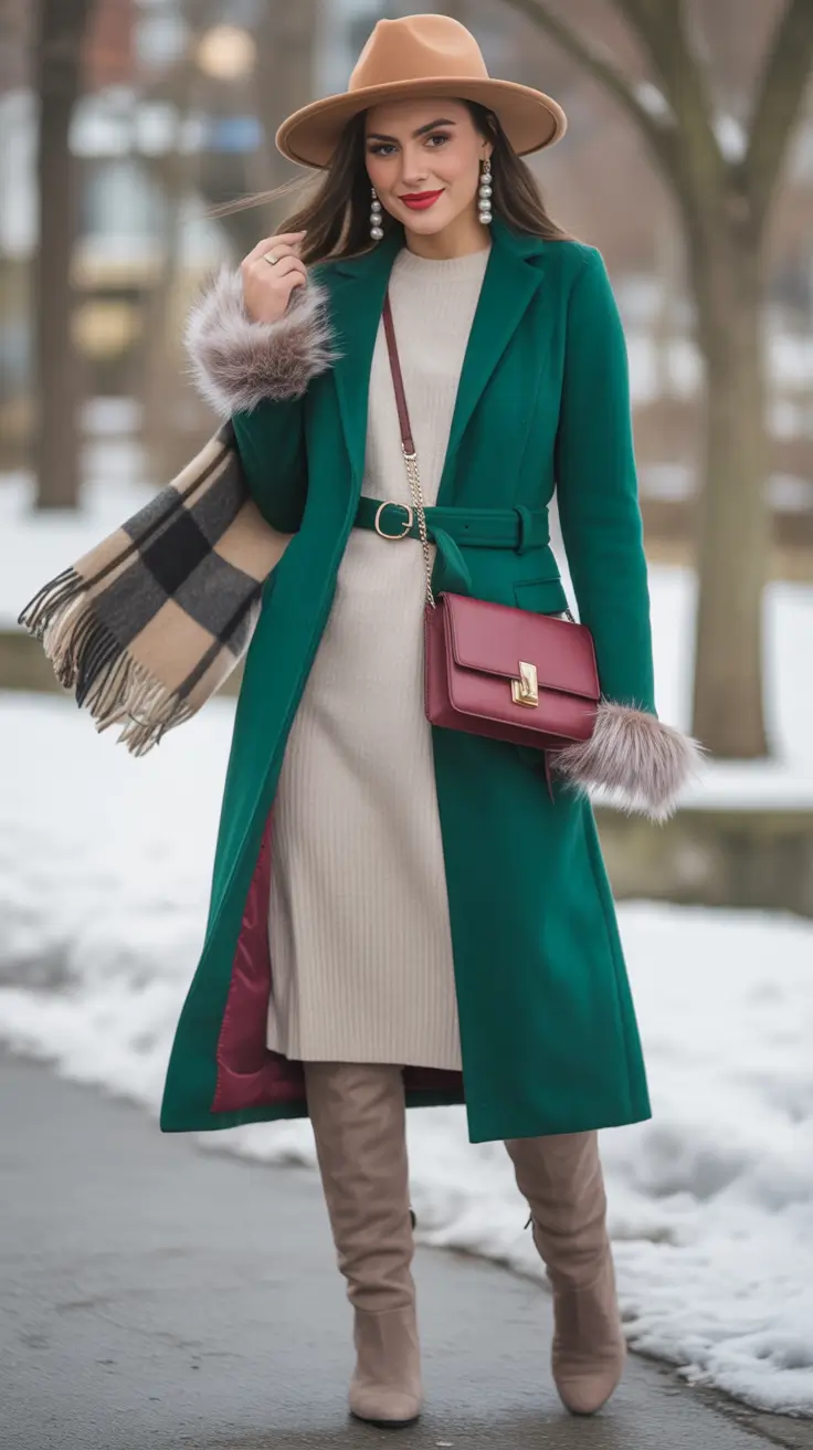 warm fall outfits Emerald Coats & Holiday Glam