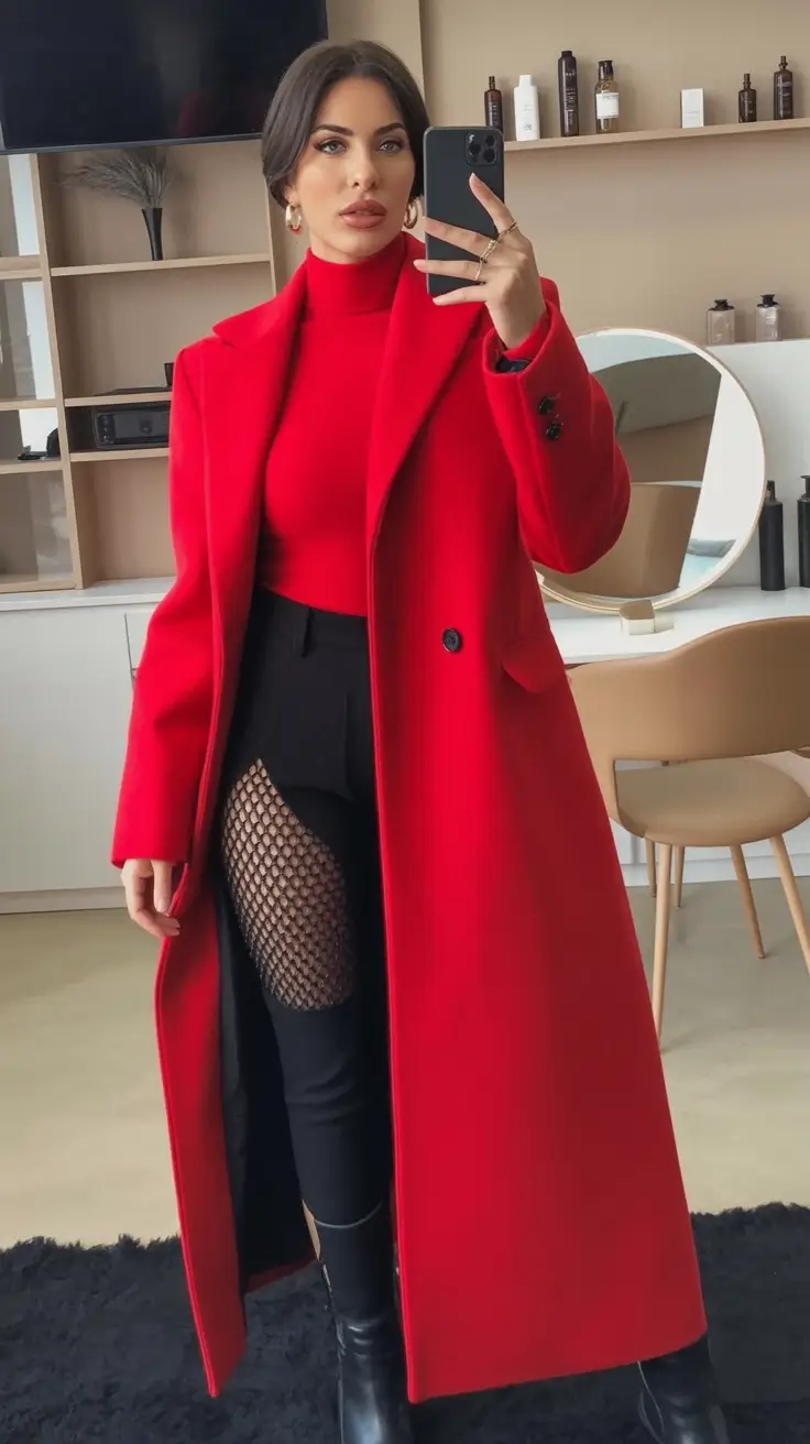 warm fall outfits Red Power Layers with a Fishnet Twist
