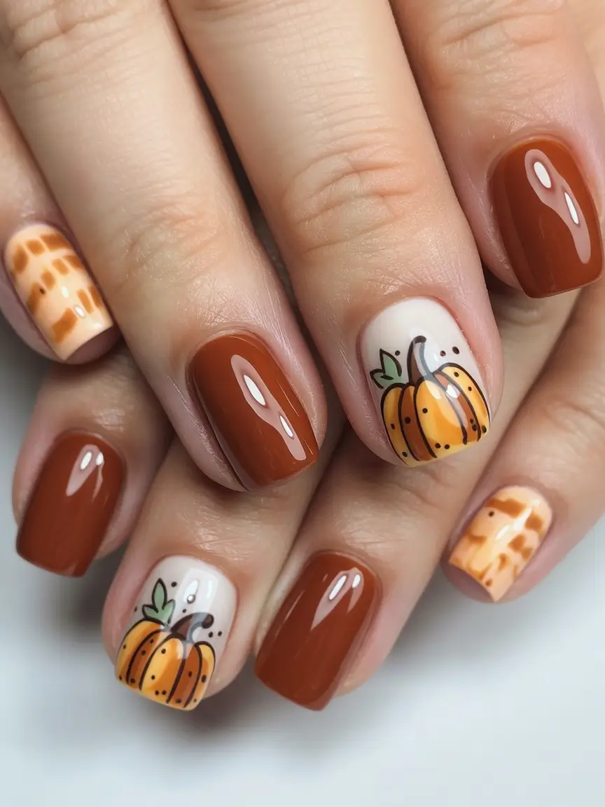 cute-fall-nails-Pumpkin-Spice-Patchwork-with-Playful-Prints