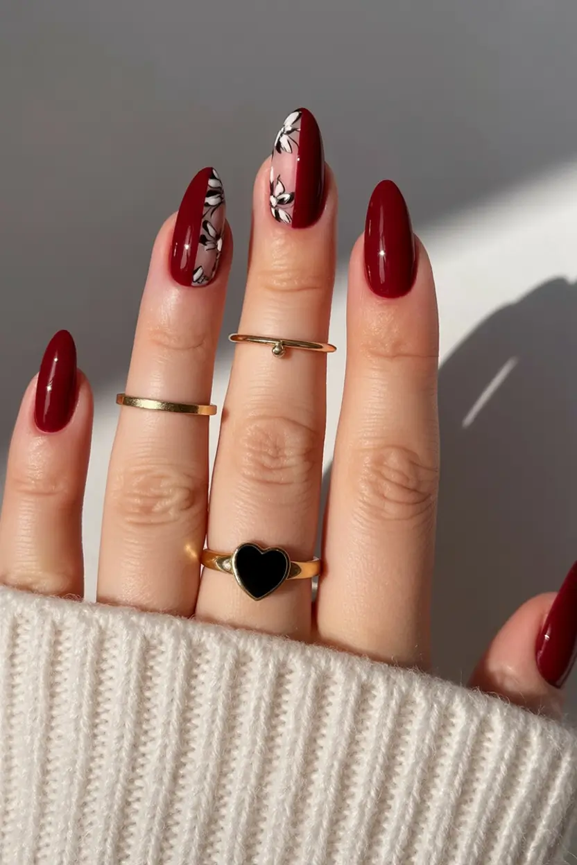 cute-fall-nails-Burgundy-Botanicals-with-Negative-Space
