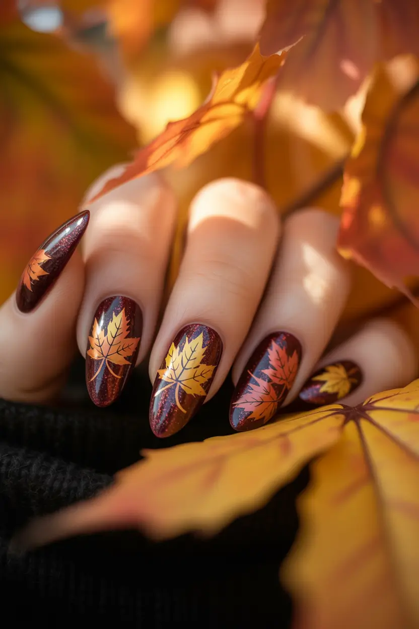 cute-fall-nails-Maple-Leaf-Glamour-on-Burgundy-Shimmer